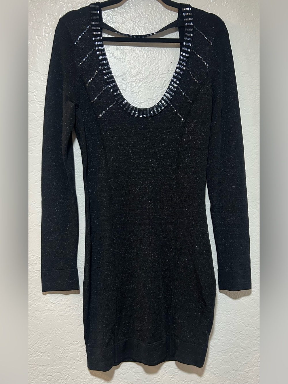 Guess by Marciano Black Long-Sleeve Scoop Neck Top with Beaded Trim